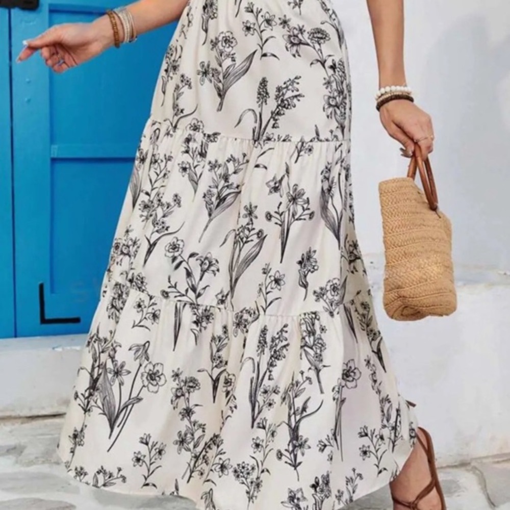 Floral Tiered Maxi Skirt - Cream & Black Print Cottagecore Boho Festival Retro